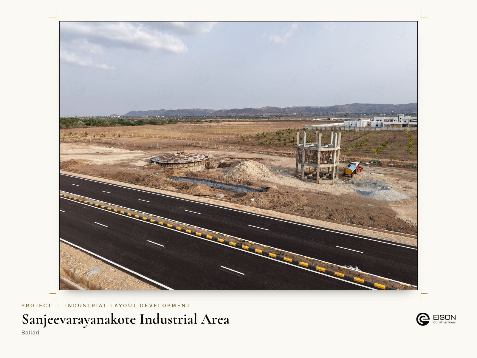 Sanjeevarayanakote Industrial Area, Ballari: black-top road with median, sump and overhead tank under construction
